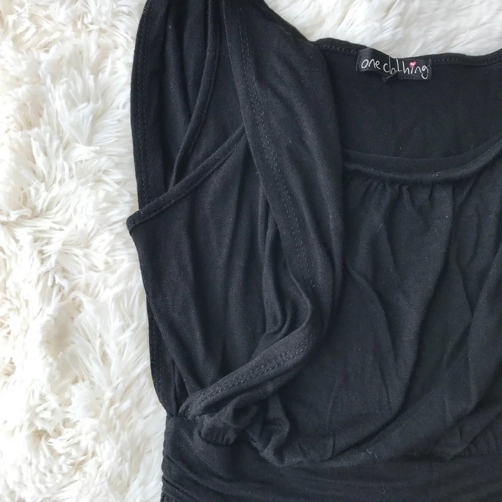 Black sleeveless tank dress scoopneck bloused bodice fitted wide waistband Sz S